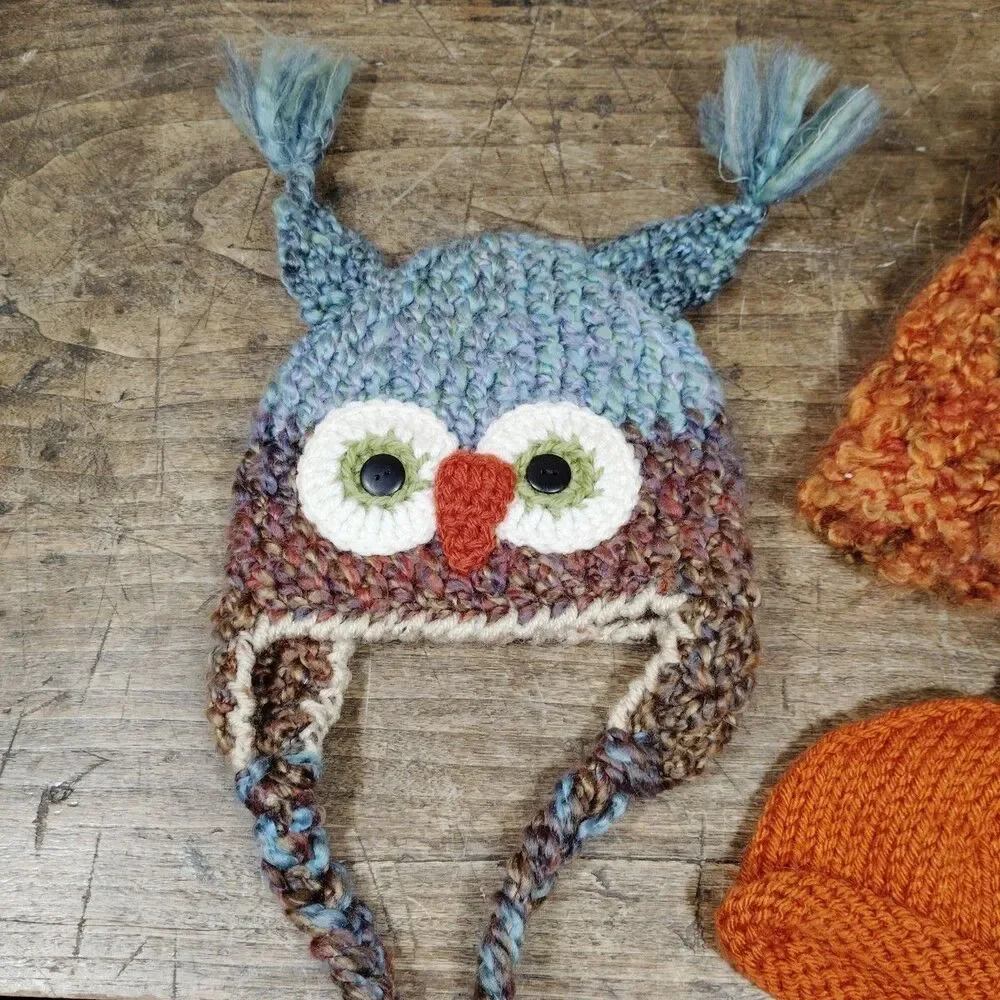 Baby Hand Knit Hat Handmade Crochet Cap Owl Pumpkin Fall Lot New